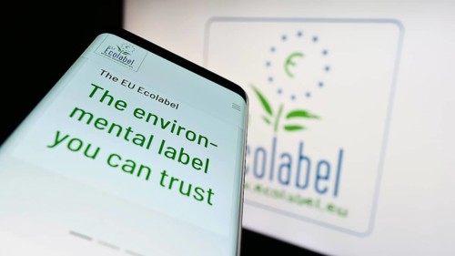 Stuttgart, Germany, 03-12-2023: Mobile phone with webpage of environmental certification EU