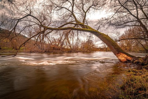 Long exposure of the river Saale in Jena at sunset, Jena, Thuringia, Germany, Europe