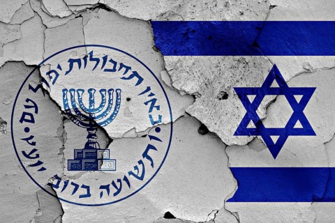 Flags of Mossad and Israel painted on cracked wall
