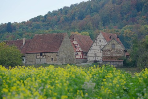 Half-timbered houses in the museum village, Hohenlohe Open-Air Museum, Wackershofen,