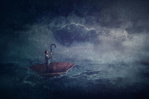 Sailing painting with a lone person in the ocean floating on an umbrella boat. Surreal scene with a