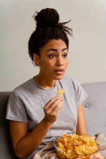 Woman couch watching tv eating chips
