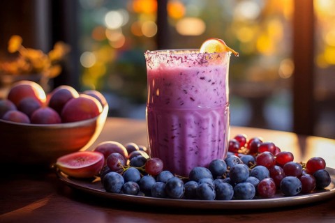 Fresh fruit shake in a glass, milkshake, smoothie, wild berry, blueberry, blueberry, currant, fig,