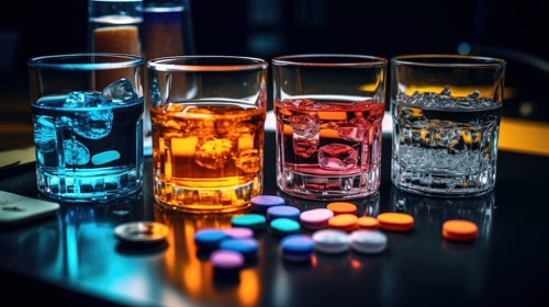 Colorful cocktail with colored ice cubes in glass on dark background. Colored pills on table.