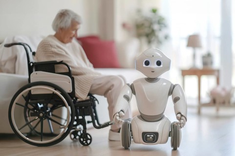 A friendly white care robot helps in a retirement home, senior citizen in a wheelchair, geriatric