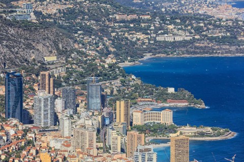 Eastern part of the Principality of Monaco with skyscrapers and Monte Carlo Bay Hotel, behind