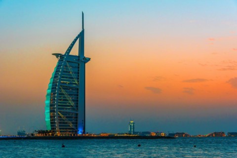 DUBAI, UNITED ARAB EMIRATES - FEB 11, 2019: The Burj Al Arab or Tower of the Arabs, a luxury hotel
