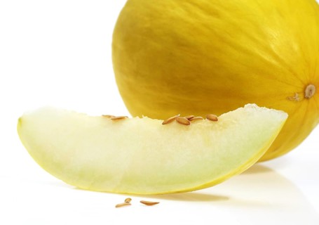 Yellow Spanish Melon (cucumis melo), Fruits against White Background
