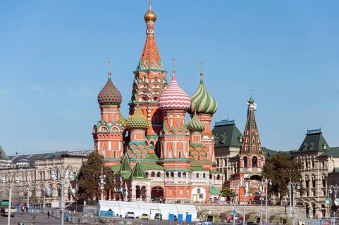 MOSCOW, RUSSIA, 21.09.2015. Saint Basil Cathedral and Vasilevsky Descent of Red Square in a Moscow