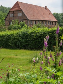 A traditional half-timbered house with a garden and a green hedge in the foreground, Steinfurt,