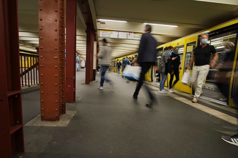 Germany, Berlin, 17. 09. 2020, Alexanderplatz underground station, U2, to Pankow, rushing