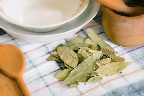 Dry green laurel leaves ready for cooking