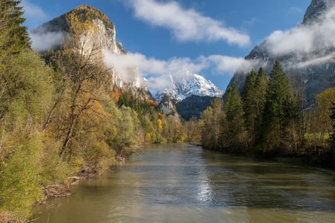 Gesäusee entrance, autumnal view of the free-flowing Enns, Gesäuse National Park, Hall, Styria,
