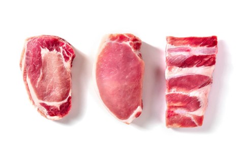 Pork meat, various cuts, overhead flat lay shot on a white background