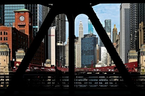 View of Downtown from the Wells Street Bridge, Chicago, Illinois, United States of America