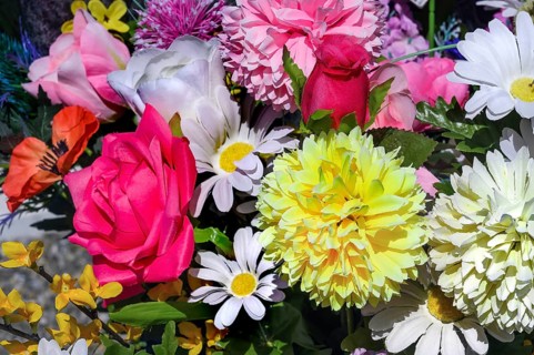 Colourful artificial flowers, Allgäu, Bavaria, Germany, Europe
