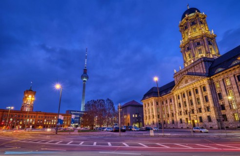 The Molkenmarkt in Berlin with the Old Town Hall, the Town Hall and the TV Tower by night