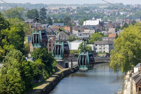 Group of three gondolas, gondola lift in the city centre of Namur, Wallonia, Belgium, Europe