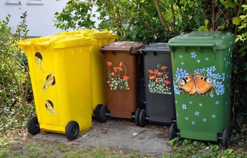 Illustrated waste bins, dustbins yellow, brown, black, green dustbin