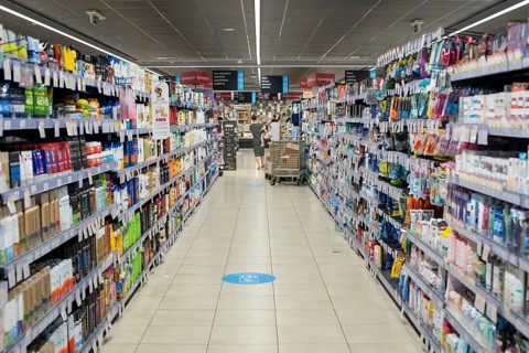 Crete, Greece, Septmeber 17, 2021: Shelfs with products in a local supermarket, Europe