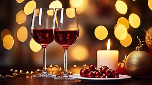 Two glasses of red wine with Christmas decoration on bokeh background AI generated