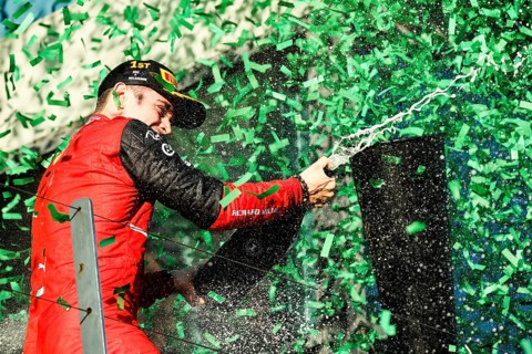 MELBOURNE, AUSTRALIA, APRIL 10: Charles Leclerc of Scuderia Ferrari celebrates winning the 2022