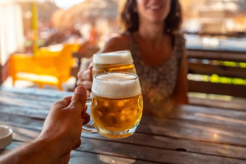Toast of a couple on the beach in summer drinking a few beers in a celebration of friendship
