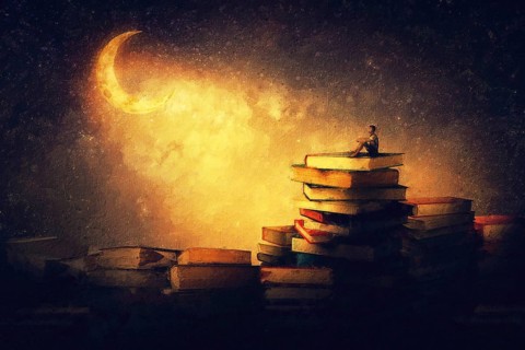 Wonderful painting with a boy sitting on a stack of books under the starry night sky looking a the