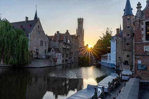 Sunset at the Dijver, behind Belfort Bell Tower, Rozenhoedkaai, Brugge, Belgium, Europe