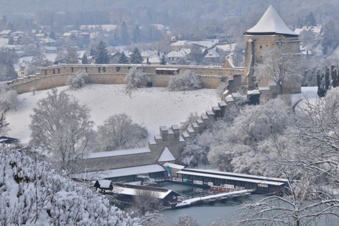 Bathing facility at the Wöhrsee in Burghausen, venue for ice swimming competitions, winter shot,