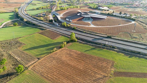 Gumiel de Izan, Burgos, Spain: aerial view of the Portia winery designed by Foster & Partners in