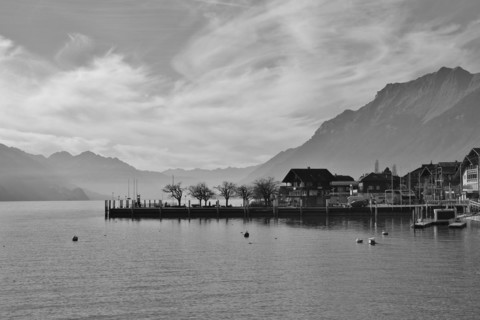 Scene in Brienz, lake Brienzersee and mountains