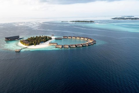 Aerial view, Kudadoo Island resort with beaches and water bungalows, Lhaviyani Atoll, Maldives,