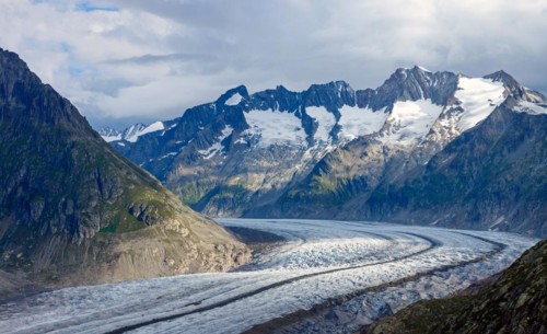 A cloudy day on the Aletsch Glacier in the Swiss Alps