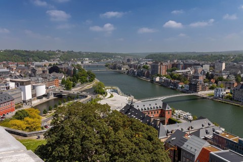 Passerelle l'Enjambée, pedestrian bridge over the Meuse or Meuse, river, Namur, Wallonia, Belgium,