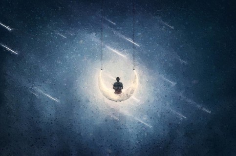 Surreal painting of a boy swaying on a crescent moon swing with a wonderful cosmic view to the