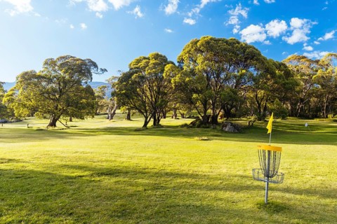 Lake Crackenback disc golf course in late afternoon light in Kosciuszko National Park in New South