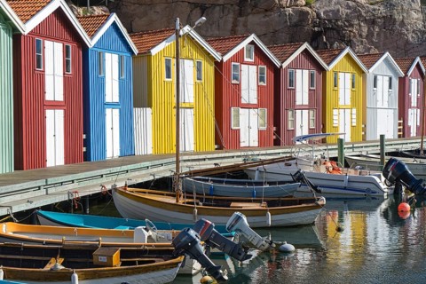 Fishing boats and colourful boathouses, harbour of Smögen, Smögenbryggan, Västra Götaland County,
