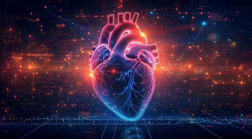Human heart illustration with cybernetic enhancements glowing red in a digital grid, AI generated