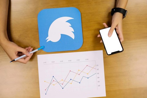 Person holding mobile phone analyzing twitter graph