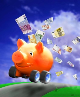 PIG MONEY BOX WITH FLYING EUROS SYMBOLIZING WASTING