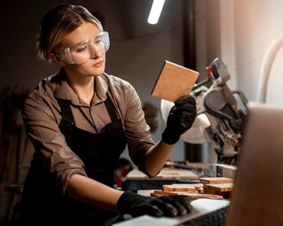 Female carpenter with safety glasses looking piece wood studio