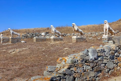 Lion Terrace, lion statues, sacred precinct, Delos, near Mykonos, Cyclades, Greece, Europe