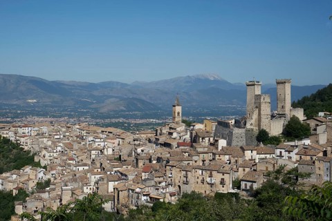 Pacentro with the ruins of Castello Caldora, Castello Cantelmo, mountain village on the slopes of