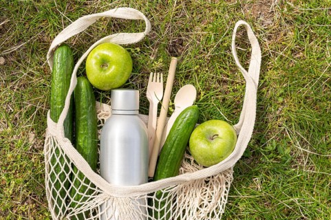 Top view food reusable bag grass