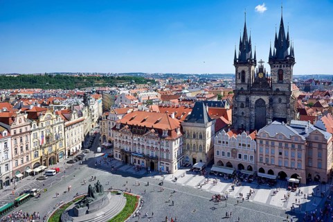 Aerial view of the Gothic Church of Our Lady before Tyn in Old Town Square
