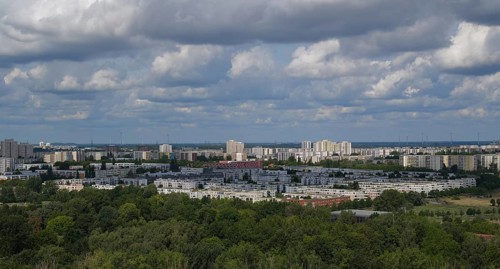Panoramic view in sunny weather of the Marzahn-Hellersdorf district, Berlin, Germany, Europe