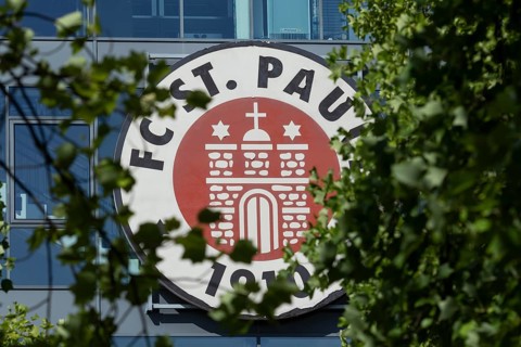 FC St. Pauli coat of arms at the office in the Millerntorstadion at Heiligengeistfeld in Hamburg,