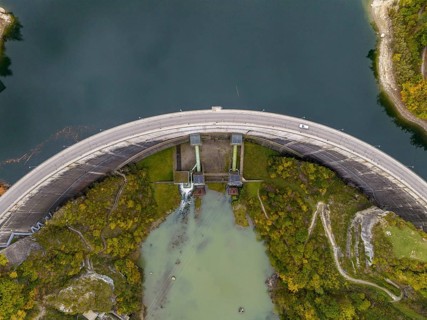 Dam on Lac de Gruyère, Lake Gruyère, reservoir, aerial view, Rossens, Fribourg, Switzerland, Europe
