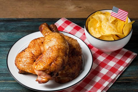 High angle chicken legs plate with chips